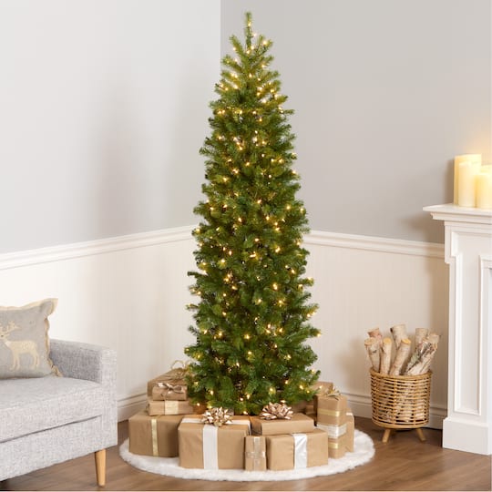 6.5 Ft. Pre-Lit Feel Real® Downswept Douglas Fir Pencil Slim Artificial Christmas Tree, Clear Lights